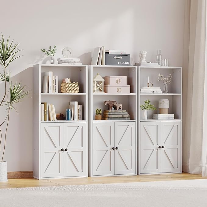 Bookshelf Bookcase with Doors, 4 Tier Wooden Storage Shelves Organizer, Floor Standing Display Cabinet Shelves, Home Decor Furniture for Home Office, Living Room, Bedroom, White