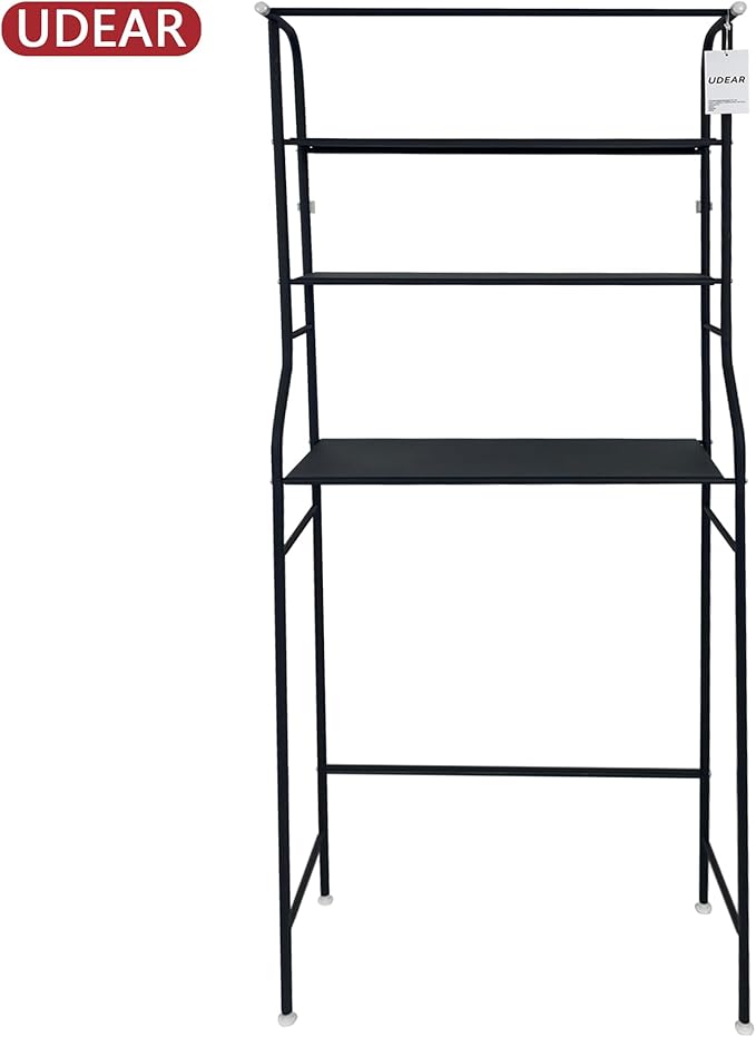 UDEAR 3-Tier Over The Toilet Rack,Bathroom Shelf Space Saver,Corner Stand Storage Organizer Accessories,The Washing Machine,with Hanging Rod,Tower Shelf,Black