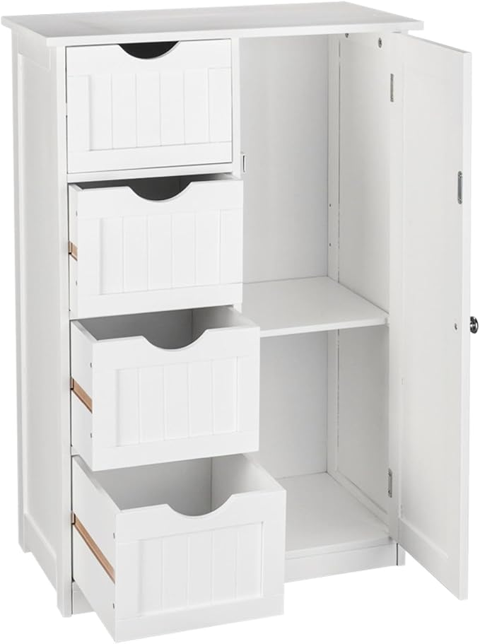 Side Storage Organizer with 4 Drawers of Medium Density fiberboard Single Door Bathroom Cabinet, Independent Entrance Storage Unit Console, Bathroom Furniture and Home Decoration, White