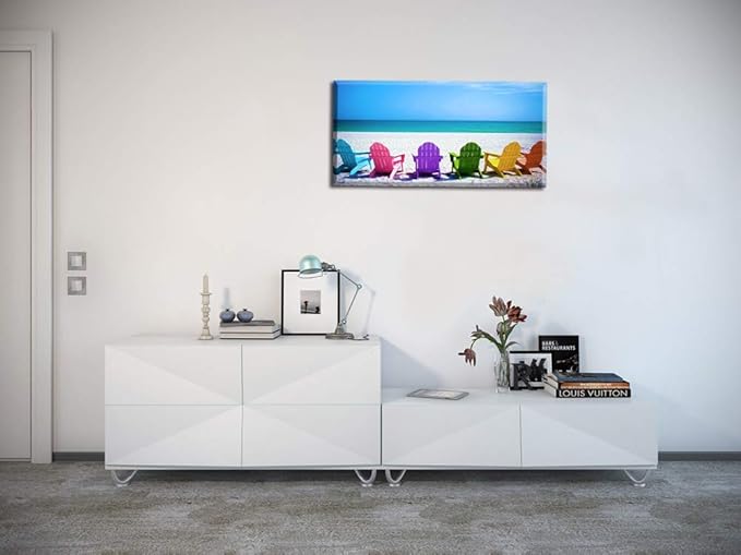 Beach Canvas Wall Art for Living Room, PIY Blue Sea with Colorful Chairs Picture Prints Decor, Relax Leisure Time Home Decorations (1" Thick Frame, Waterproof, Bracket Mounted Ready Hanging)