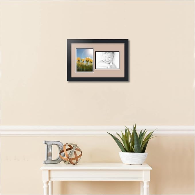 ArtToFrames Collage Photo Frame Double Mat with 2-5x7 inch Openings with Black Frame and Grey Beige Top Mat