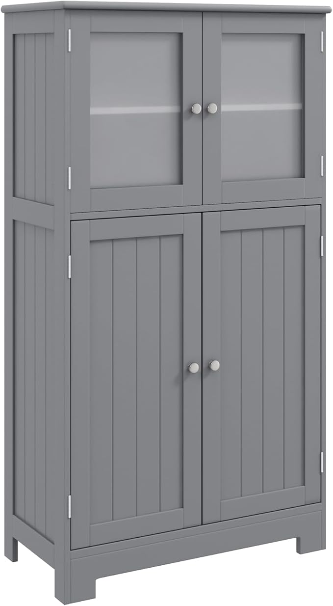 GOFLAME Bathroom Storage Cabinet, Freestanding Storage Cabinet with 4 Doors, Wooden Kitchen Cupboard with Adjustable Shelf, Buffet Sideboard, Multipurpose Home Organizer for Bathroom, Kitchen, Grey