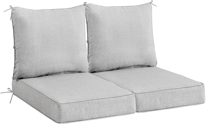 Sundale Outdoor Olefin Deep Seat Cushion Set of 2, Patio Chair Cushion and Pillow, Water-Resistant Sectional Sofa Pad with Straps Light Gray, 24 x 24 x 4 Inches