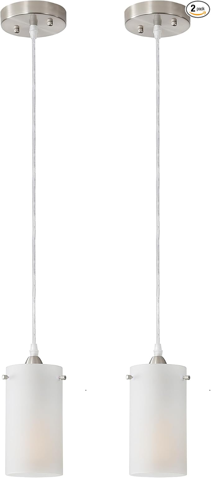 1-Light Mini Pendant Light Fixtures, Modern Chandelier Hanging Ceiling Light with White Frosted Shade, Brushed Nickel Pendant Lighting Adjustable Height, 2 Pack
