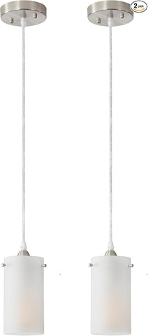 1-Light Mini Pendant Light Fixtures, Modern Chandelier Hanging Ceiling Light with White Frosted Shade, Brushed Nickel Pendant Lighting Adjustable Height, 2 Pack