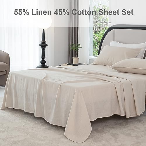Talasily Linen Sheets-Queen Size Sheets Set,Blend from Linen Cotton Bedsheets,All Seasons Soft Breathable 4 Piece Set-Beige