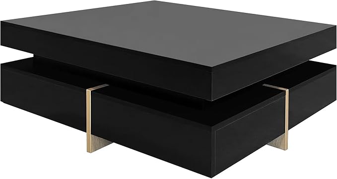 Modern Coffee Table with Storage, Contemporary Square Coffee Table with Drawers, High Gloss Modern Center Table for Living Room, Reception Room, Office, Black, 31" D X 31" W X 11" H