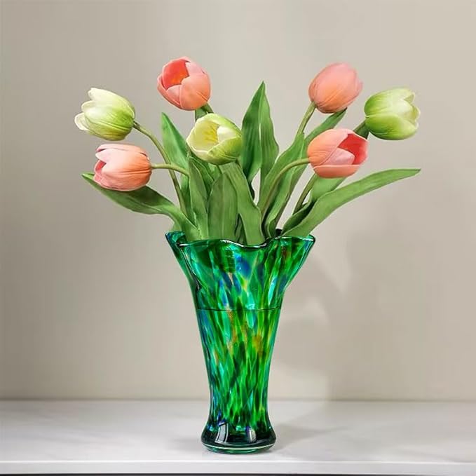 Green Blown Glass Vase for Flowers, 8.5" Wide Mouth Teal Vase for Home Decor, Modern Art Flower Vases Decorative | Table Centerpiece, Wedding, Living Room, Bookshelf, Entryway | Gift for Women Mom