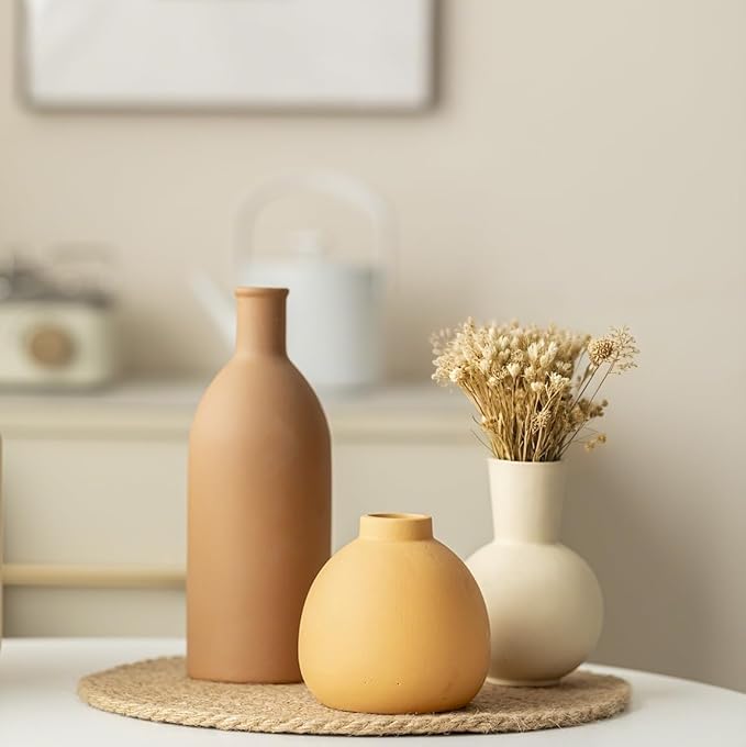 Modern Ceramic Vase Set of 3, Decorative Flower Vases for Home, Multicolor Pottery Vases for Living Room, Kitchen, Bedroom, Shelf, Rustic Farmhouse (Brown Mix)