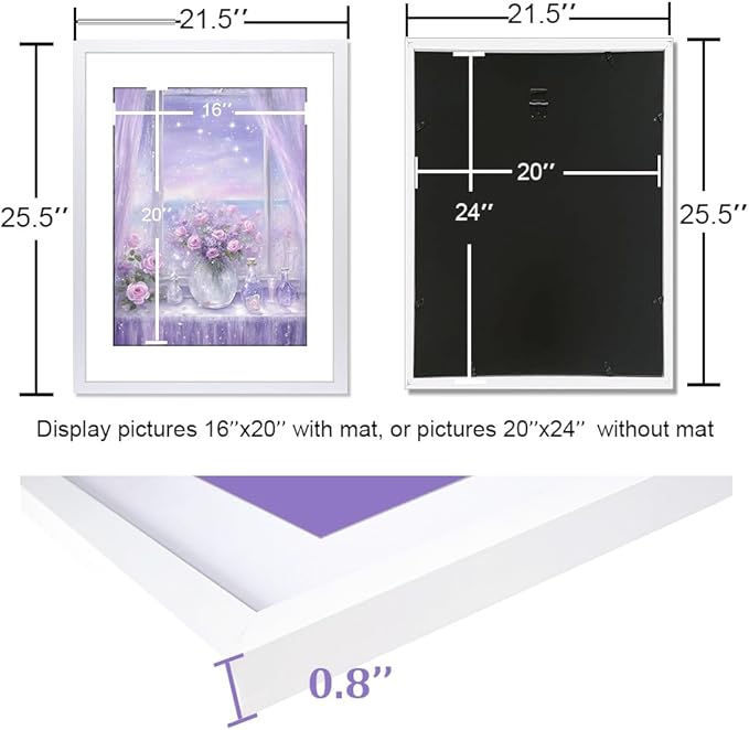 THREELOVE 20x24 Frame White, Display Picture 16x20 with mat or 20x24 Without mat, Photo Poster Picture Frame Wall Mounting Home Decor, 1-PCS