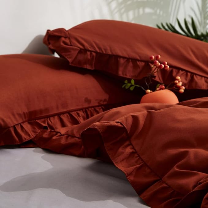 CLOTHKNOW Rust Ruffles Queen Comforter Set Farmhouse Fluffy Bedding Comforter Sets Burnt Orange Comforter Soft Shabby Chic Comforter Vintage Rustic Bedding Sets