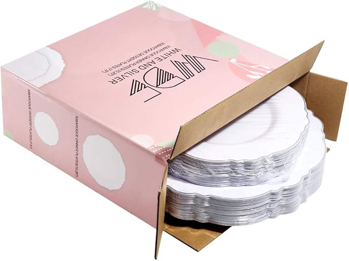 WDF 60pcs Silver Plastic Plates-Baroque White &Silver Plates for Upscale Parties &Wedding-including 30Plastic Dinner Plate 10.25inch, 30 Salad Plate 7.5inch