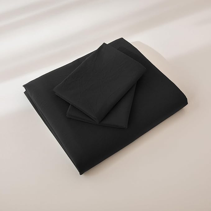 JIYUAN 100% Washed Cotton Duvet Cover Set 3 Pieces Full, 1 Duvet Cover 80x90 Inches(Comforter Not Included) and 2 Pillowcases,Linen Feel Bedding Set Comfy and Breathable,Black