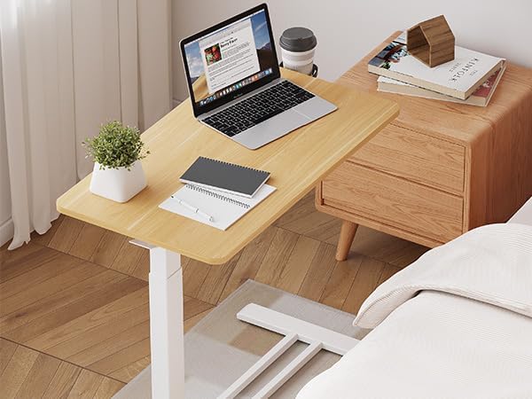 Medical Overbed Adjustable Bedside Table with Hidden Casters, Pneumatic Mobile Rolling Laptop Standing Desk with Tray for Home and Hospital Use, Maple