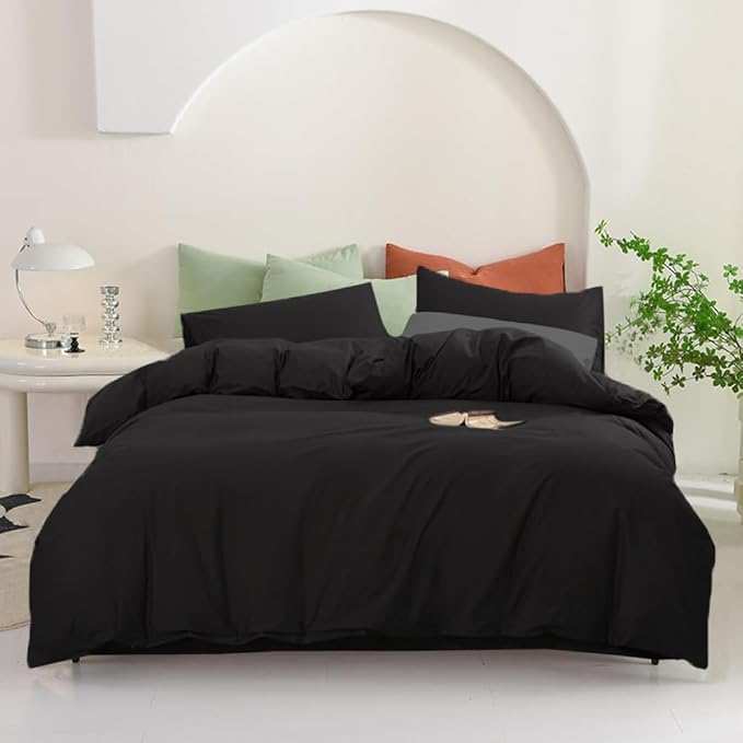 Pureant Black Comforter Queen Solid Color Bedding Set Pure Black Queen Comforter for Women Men Soft Breathable Dark Color Comforter Set 3 Pieces Lightweight Adults Queen Size Bed