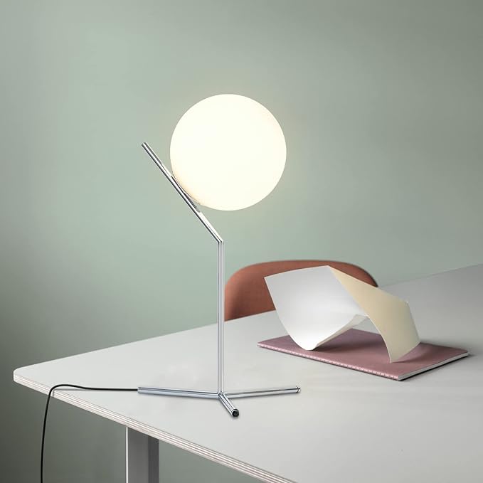 BOKT Modern Chrome Metal Globe Table Lamp Contemporary Milk White Glass Reading Lamp 1-Light E26 Table Standing Lamp Home Decor Glass Ball Iron Lighting Fixture for Bedside Hotel Shop Office Gifts