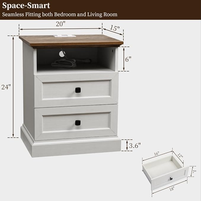 Night Stand with Charging Station, Bedside Table with 2 Drawers Storage and Open Shelf, White Nightstand with Outlets, Wood Modern End Table for Bedroom Office