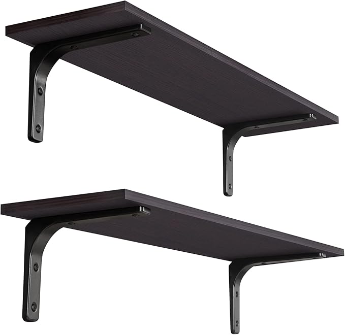DINZI LVJ Long Wall Shelves, 31.5 Inch Wall Mounted Shelves Set of 2, Easy-to-Install, Floating Storage Ledges with Sturdy Metal Brackets for Living Room, Bathroom, Bedroom, Kitchen, Espresso