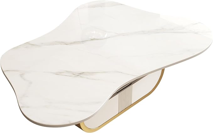41.7" Marble Coffee Table with Storage Shelf & Drawer, Modern White Gold Coffee Tables for Living Room,Sturdy Stainless Steel Base, Sintered Stone Tabletop, Irregular Tea Cocktail Center Table