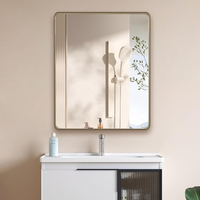Bronze 24x32 Inch Metal Framed Mirror for Wall, Large Rounded Rectangle Mirror, Anti-Rust, Tempered Glass, Hangs Horizontally or Vertically