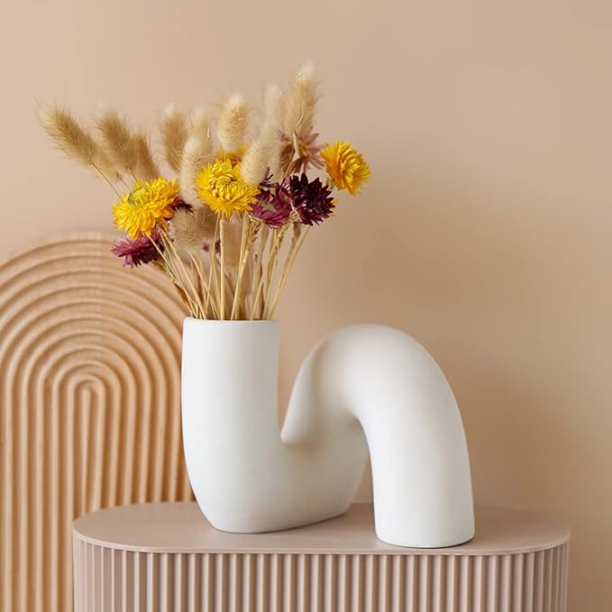 White Ceramic Flower Vase for Decor,Modern Minimalist Abstraction Vases,Farmhouse Decorative vase for Centerpieces,Kitchen,Office, Living Room,Wedding Floral Decoration (Light Brown)