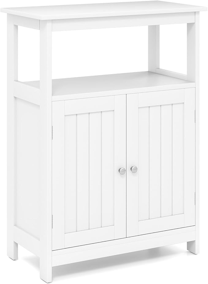 GOFLAME Bathroom Cabinet, Floor Storage Organizer with 2 Doors, 2 Open Shelves, 3-Level Adjustable Shelf, Modern Storage Unit for Laundry Room, Entryway, Living Room, White