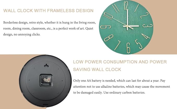 Faupugh 12 inch Silent Wall Clock, Battery Powered Wall Clock, Suitable for Home, Office, School, Kitchen, Bedroom, Living Room (Grass Green)