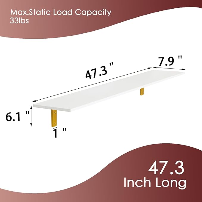DINZI LVJ Long Wall Shelves, 47.3" Wall Mounted Shelves Set of 4, Large Floating Shelves for Wall with Metal Brackets, for Living Room, Bathroom, Bedroom, Kitchen, White and Gold