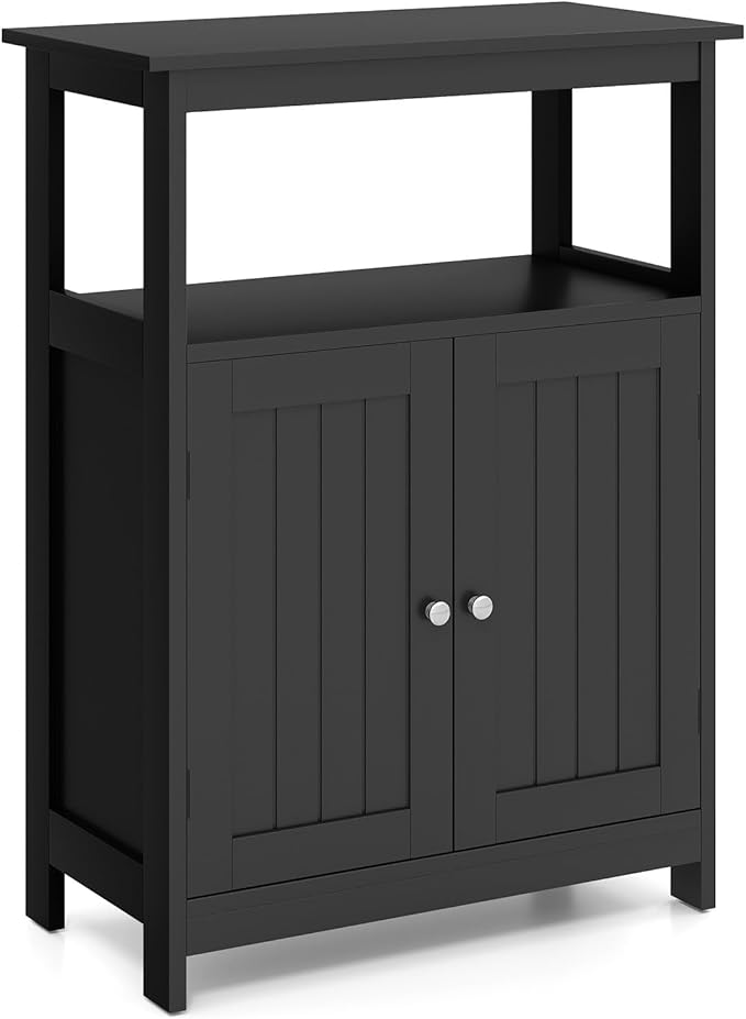 GOFLAME Bathroom Cabinet, Floor Storage Organizer with 2 Doors, 2 Open Shelves, 3-Level Adjustable Shelf, Modern Storage Unit for Laundry Room, Entryway, Living Room, Black