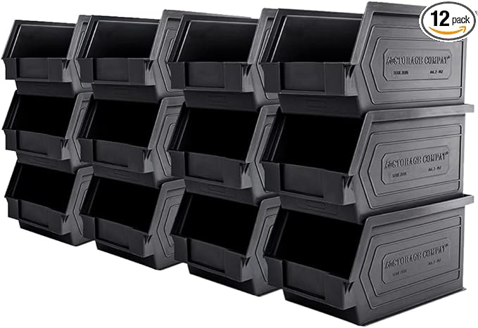 Plastic Storage Bins, Hanging, Stackable, Storage Organizer Bin for Warehouses, Workshops 9-Inch x 5-Inch x 5-Inch, Black, 12-Pack