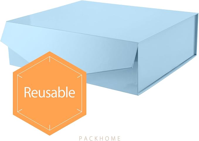 PACKHOME 17x14.5x5.5 Inches, Extra Large Gift Box with Lid, Magnetic Closure Box for Clothes and Large Gifts (Glossy Light Blue)