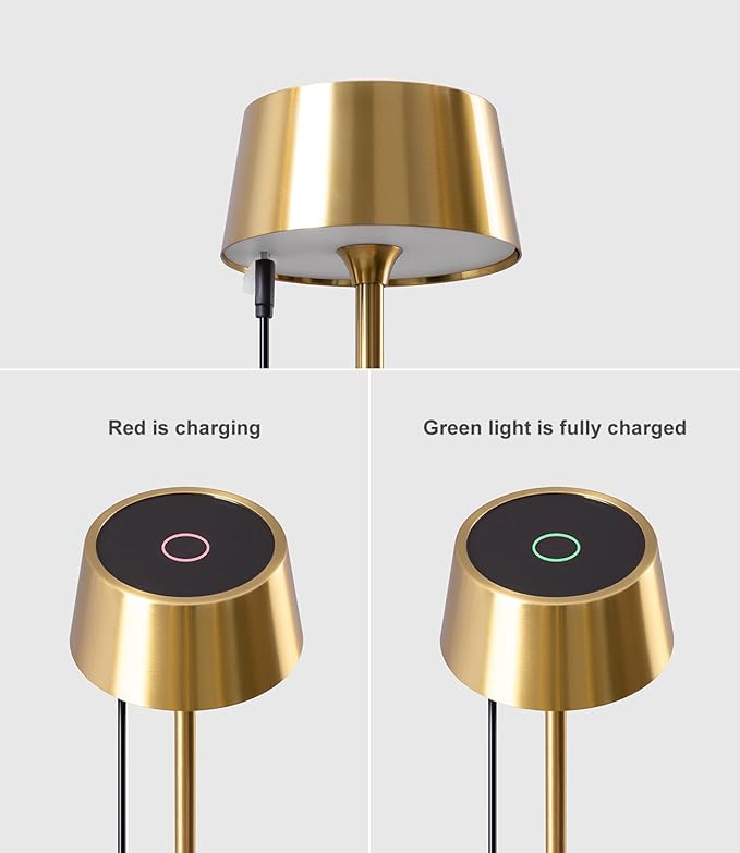 DAWALIGHT Cordless Table Lamp 4000mAh Portable Cordless Lamp LED Rechargeable Lamp Stepless Dimming Copper Battery Operated Portable Tempered Glass 2700K Copper Base