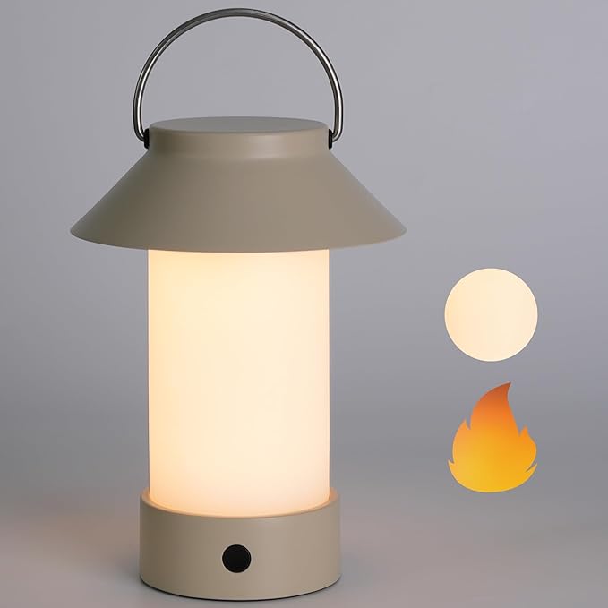 Rechargeable Outdoor Lantern Waterproof, Dimmable Warm White & Flickering Flame Mood Light, Portable Cordless Table Lamp for Patio/Camping/Shower/Emergency Power Outage (Khaki)