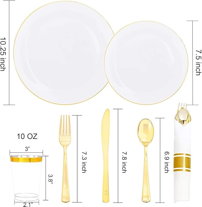 Supernal 350pcs Gold Disposable Dinnerware Set,Pre Rolled Plastic Silverware,Include 50 Gold Plates and 50 Dessert Plates, 50 Silverware with Paper Napkins,50 Disposable Cups