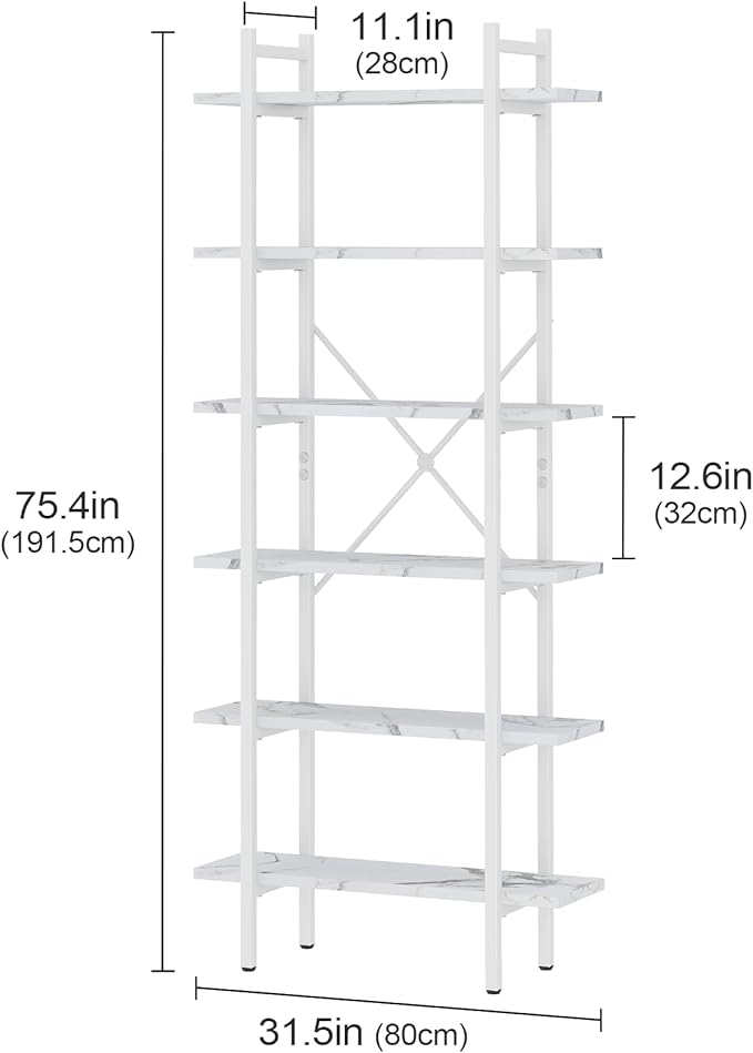 Bookshelf 6 Tiers White Wooden Storage Shelf,Modern Open Display Storage Bookcase Book Organizer,Metal Bookshelf Standing Storage Shelf Tall Shelving Units for Home Office Study
