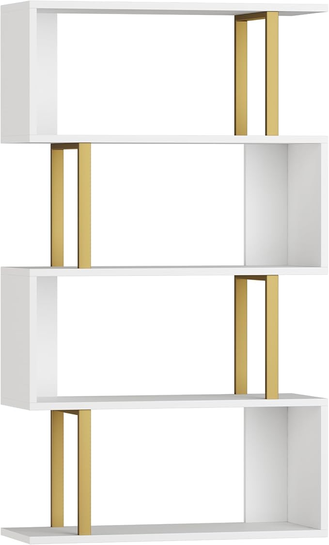 Yusong Geometric Bookcase, S Shaped Bookshelf 4-Tier Book Shelves for Bedroom, Modern Wood Decorative Display Shelf Tall Book Case for Home Office, Gold and White
