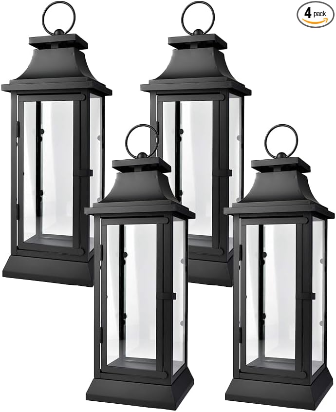 Serene Spaces Living Set of 4 Black Hurricane Lanterns with Clear Glass Panels - Ideal for Home Decor, Parties & Events - Table Top or Hanging Lantern for Indoor & Outdoor Use - Measures 15" Tall