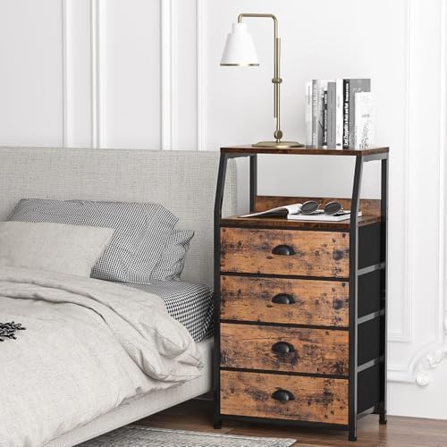 Furnulem Night Stand, Tall 4 Drawers Dresser for Bedroom, Hallway, Nursery, Closet Organizer, Nightstand Bedside Table Furniture, Vertical Storage Tower Fabric, Sturdy Steel Frame, Wood Top