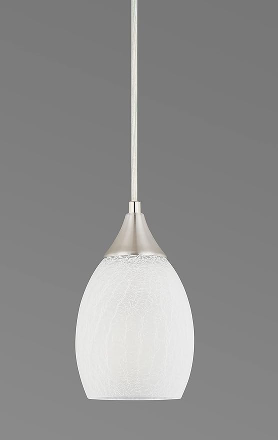 Glassland Pendant Lighting, 1 Light Mini Pendant Light in Brushed Nickel with Cracked Frosted Glass Shade, ETL Listed.