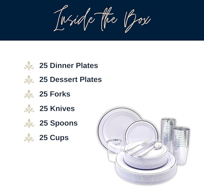 Tableware Dinnerware Set, Premium Heavyweight, Reusable or Disposable Party Plates, Includes Dinner Plate, Dessert Plate, Cutlery, and Cup (Silver, 150-Piece Set, Serves 25 Guests)