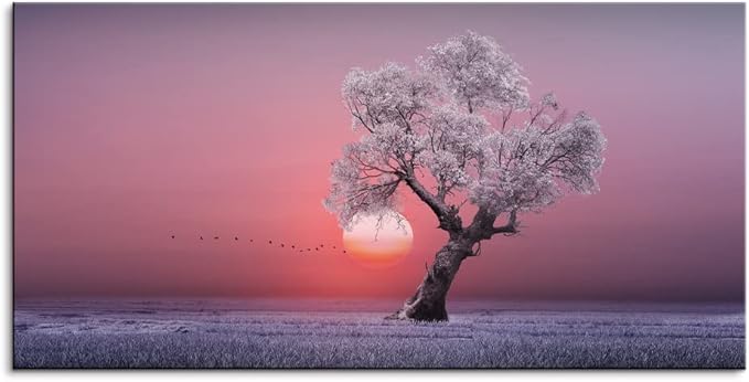 White Leafy Tree Large Stretched Canvas Wall Art For Living Room Bedroom Home Decoration, Mordern Sunset Scene Print Picture Painting Decor Giclee Artwork, Gallery Wrapped Gift,Inner Frame (30x60)