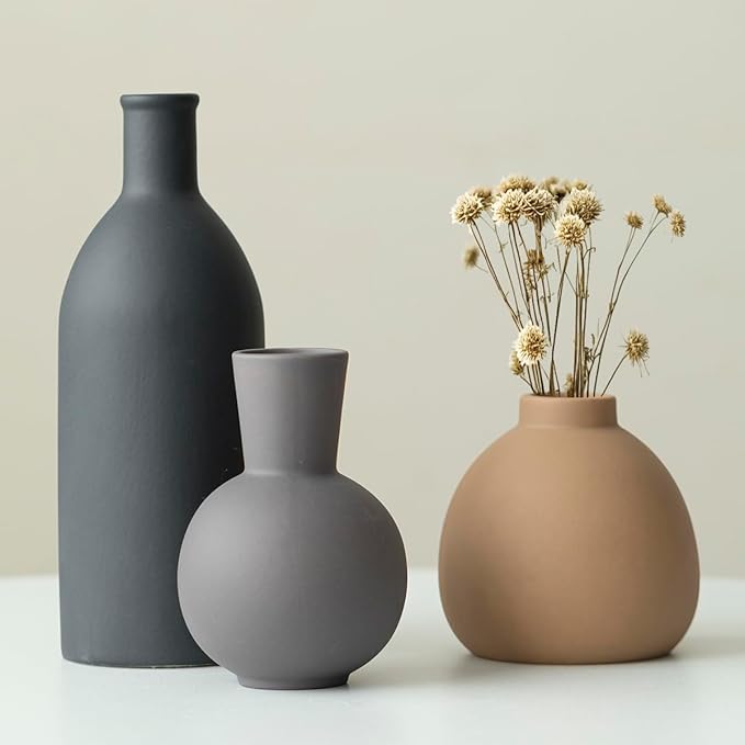 Modern Ceramic Vase Set of 3, Decorative Flower Vases for Home, Multicolor Pottery Vases for Living Room, Kitchen, Bedroom, Shelf, Rustic Farmhouse (Blue Black)