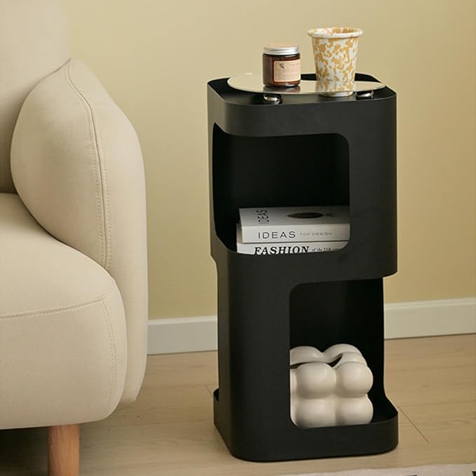 Modern Side Table,Small end Table for Small Spaces,Metal nightstand with Storage Shelf,Space-Saving Bedside Table Accent Table Drink Tables for Living Room,Bedroom.No Assembly Required (Black)