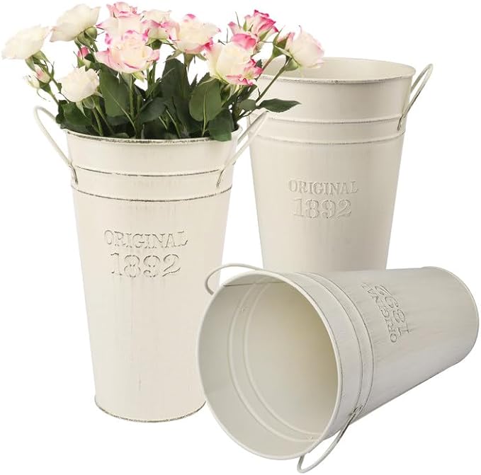 3 PCS 12 Inch Rustic Galvanized Flower Vases, Farmhouse French Buckets for Beautiful Floral Arrangements, Home Decor or Weddings and Events