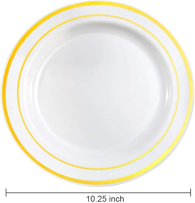 bUCLA 100Pieces Gold Plastic Dinner Plates - 10.25inch White and Gold Plates Disposable for Party - Ideal for Wedding & Daily Use