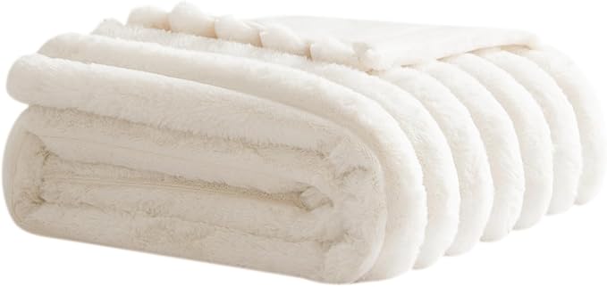 WDCOZY Faux Fur Throw Blanket Striped Super Soft Cozy Fluffy Luxurious Blankets Couch Bed Sofa Chair Home Decor Warm Furry Fall Winter Plush Lightweight Rabbit Fur Bubble Blanket 60" x 80", Ivory