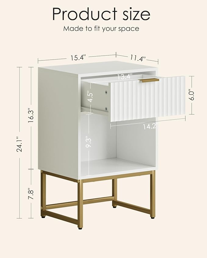Masupu Fluted Nightstand,Modern Night Stand Wood Bedside Table with Storage Drawer Side End Table for Bedroom,Living Room,Office,White