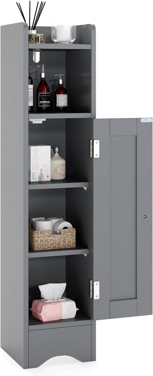 Tangkula Small Bathroom Storage Cabinet with Door, Toilet Paper Holder Stand with Adjustable Shelves & Open Compartment for Small Spaces, Narrow Freestanding Storage, 7 x 7.5 x 31.5 Inches (Grey)
