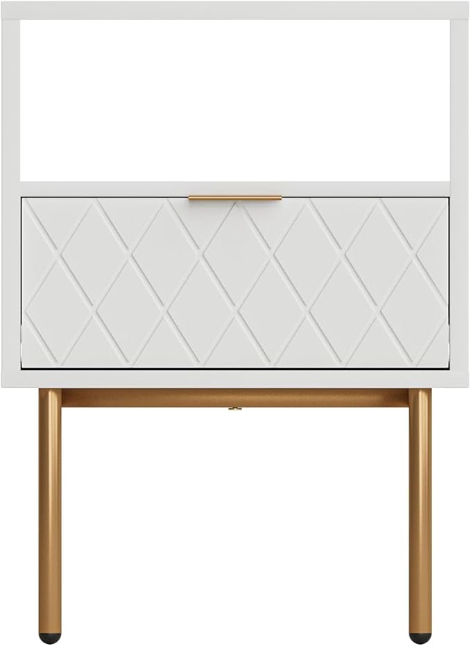 Nightstand,Morden Bedside Table with Gold Frame,Small White Night Stand,End Table,Bedside Furniture,Side Table with Drawer and Shelf for Bedroom,Living Room (1Drawer, White-Square)