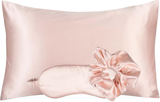 Vegan Silk Sleep Set, Vegan Silk Pillowcase with Large Scrunchie and Eye Mask for Hair and Skin, Self Care Essential Satin Night Routine Kit (Blush Color)